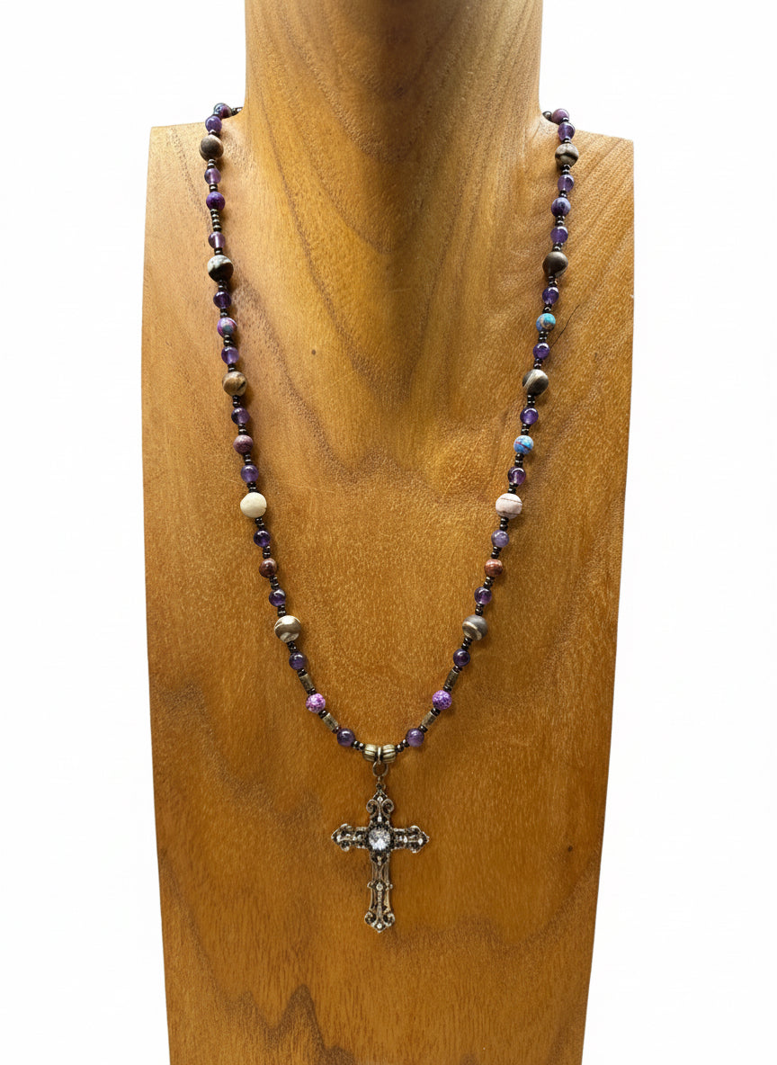 Australian Zebra Jasper, Galaxy Sea Jasper & Amethyst Necklace