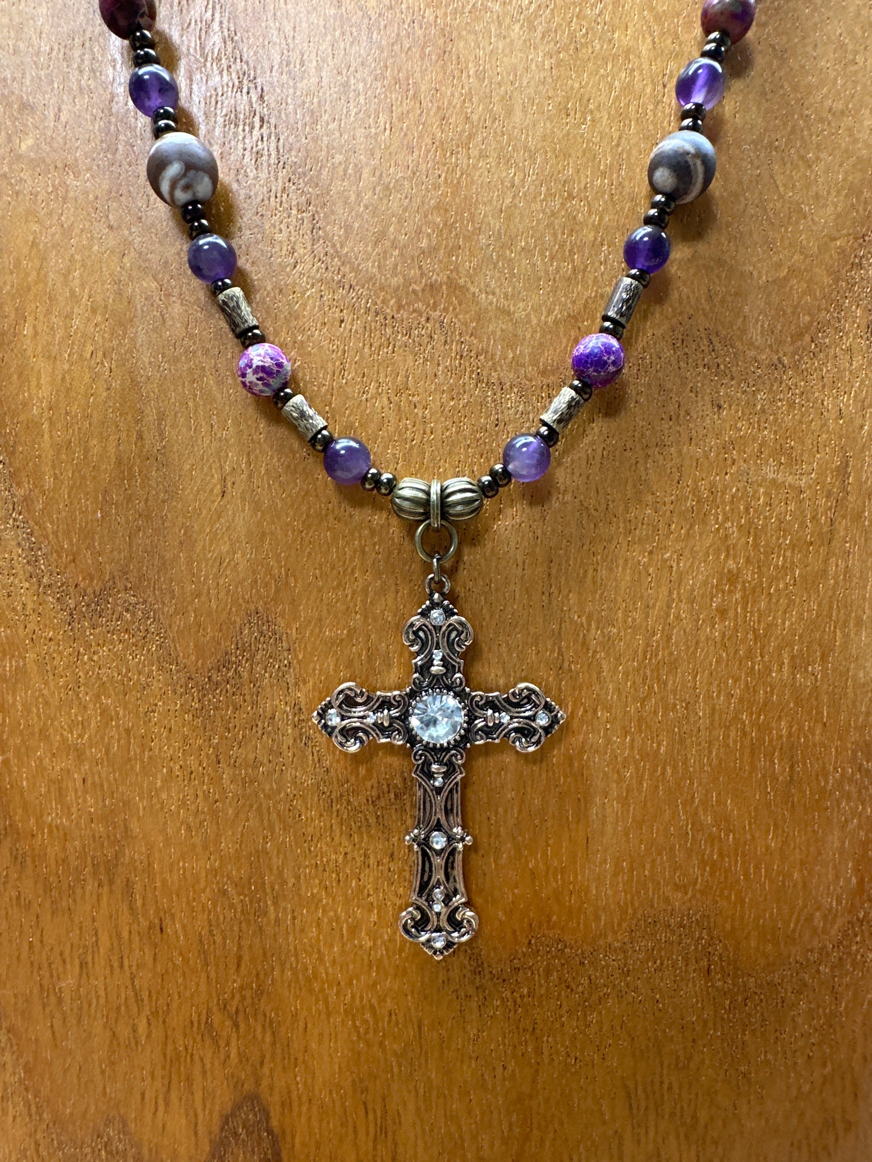 Australian Zebra Jasper, Galaxy Sea Jasper & Amethyst Necklace