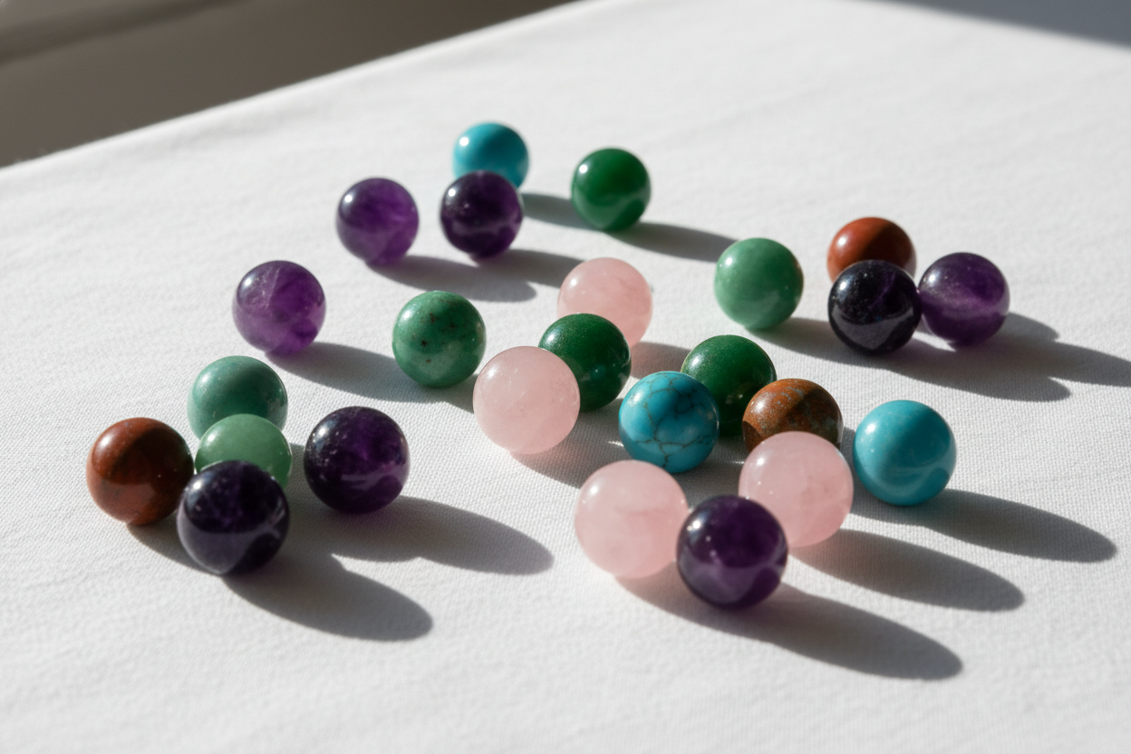 make the beads round and more artful like scattered ona white clothed table top