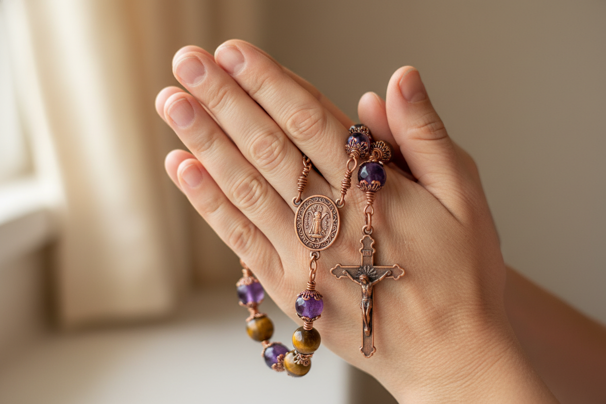 tigers eye and amethyst wired rosary in the hands of a praying person artfully done to convey the beauty of a handmade item